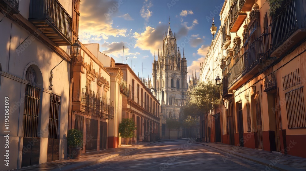 Naklejka premium Historic street at sunrise, church view