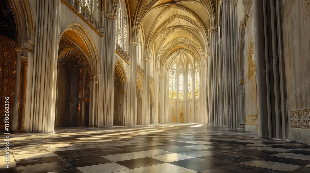 Fototapeta premium Sunlit cathedral interior, grand hall