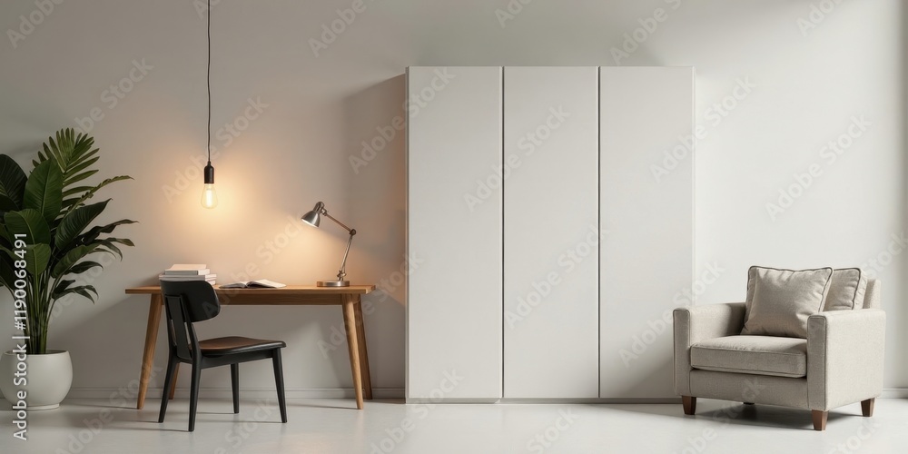 Modern minimalist home office workspace with wooden desk, comfortable armchair, and built-in wardrobe Modern minimalist home office workspace with wooden desk, comfortable armchair, and built-in wardrobe