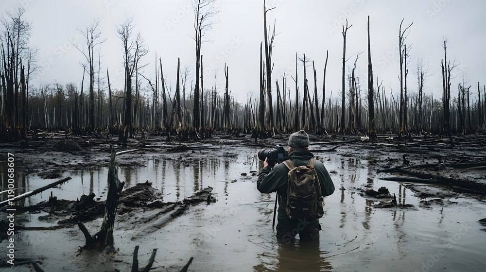 Obraz premium Individual Standing Waist Deep in a Wetland Area Surrounded by Trees, Capturing Nature Photography Amidst a Foggy Atmosphere