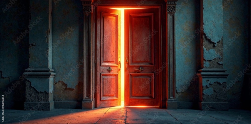 Naklejka premium Old wooden doors creak open to reveal an ethereal glow , neon, night view, smog