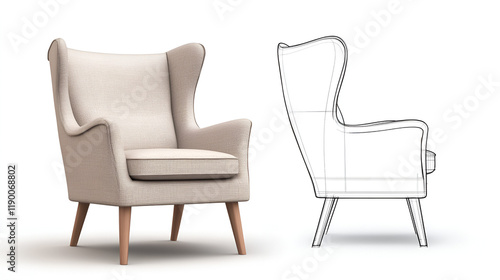 Interior design sketching drawing design development product plan draft chair armchair Wingback prototype manufacturing production. Designer studio concept. photo