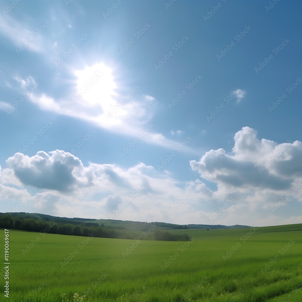 Fototapeta premium Sunny Day over Lush Green Field and Blue Sky