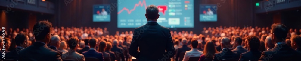 Powerful CEO standing at the podium, addressing an audience filled with influential business professionals, leadership, conference, success Powerful CEO standing at the podium, addressing an audience filled with influential business professionals, leadership, conference, success