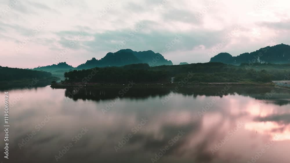 Drone view of Thailands serene lake and stunning mountains, showcasing natural beauty Drone view of Thailands serene lake and stunning mountains, showcasing natural beauty