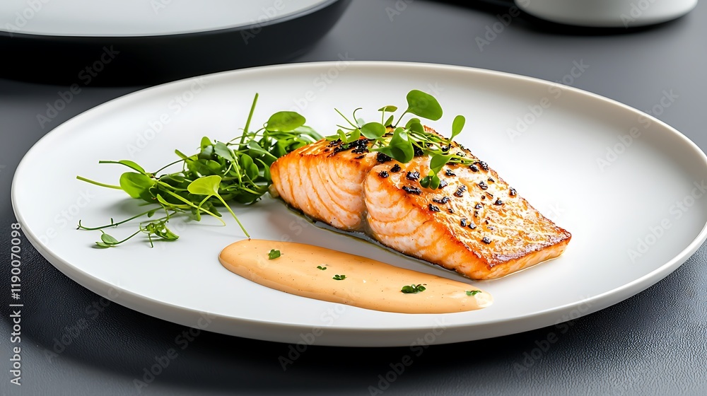 Elegant Plated Dish of Seared Salmon with Fresh Microgreens Elegant Plated Dish of Seared Salmon with Fresh Microgreens