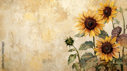 A rustic sunflower wallpaper design with a textured beige backdrop.