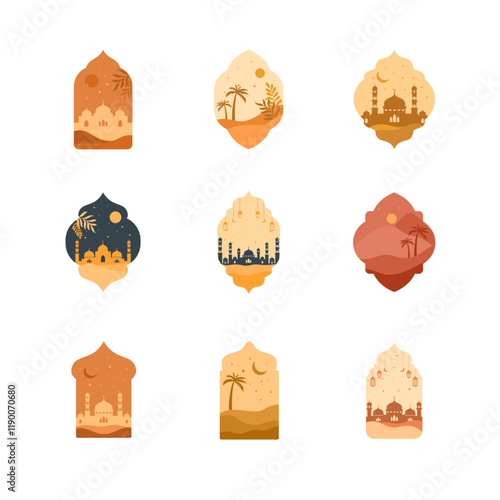 Collection of Islamic Windows with Mosque Silhouette in Boho Style. 
