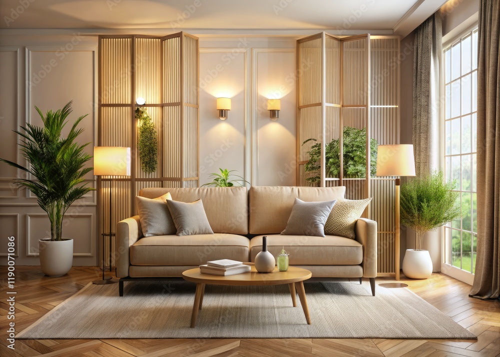 Fototapeta premium A serene beige haven: modern sofa, bright window, surreal room divider, captivating photography.