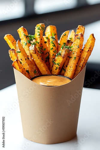 Crispy Fries with Dipping Sauce in Fast Casual Restaurant Setting photo