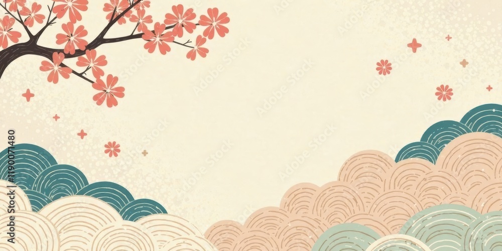 Serene Blossom and Wave Pattern Background Design for Peaceful and Tranquil Projects Serene Blossom and Wave Pattern Background Design for Peaceful and Tranquil Projects