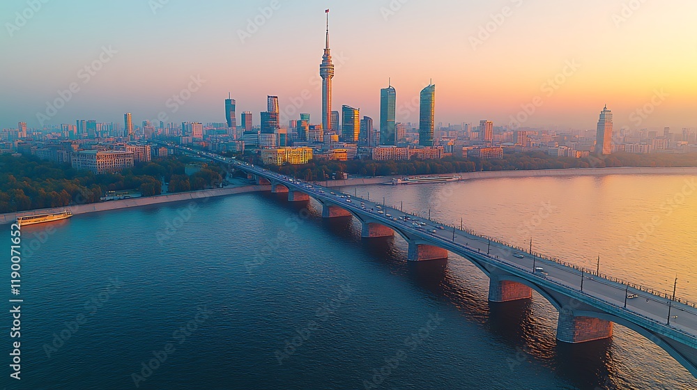Fototapeta premium Sunrise cityscape bridge river traffic aerial view.