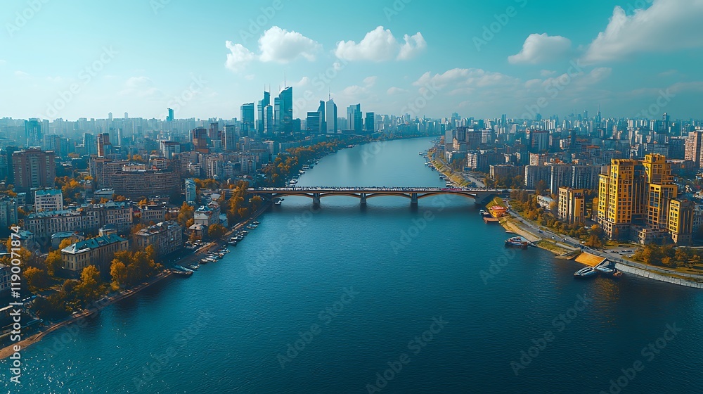 Naklejka premium Aerial city river bridge autumn cityscape panorama.
