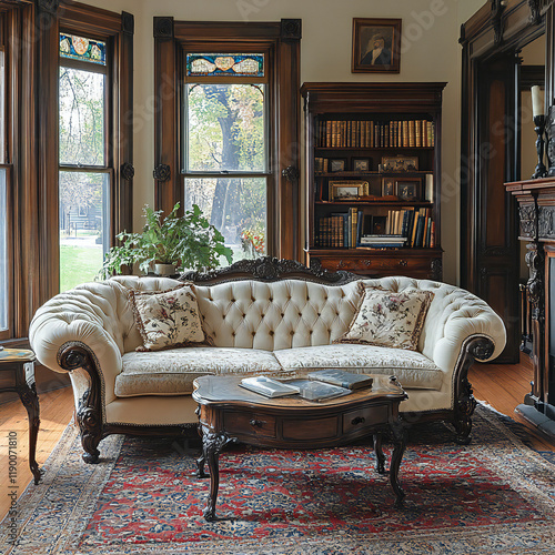 A classic Victorian living room with ornate furniture and vintage decor photo