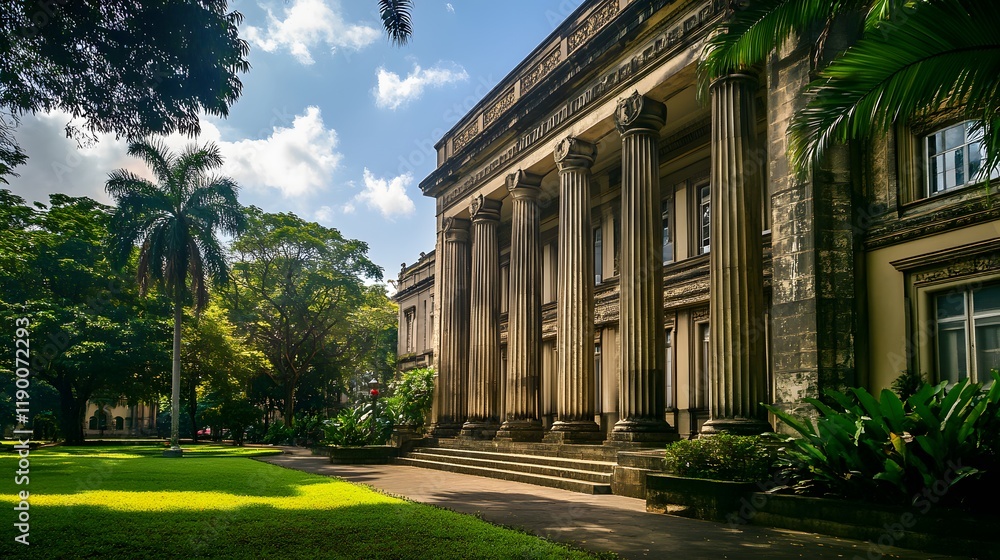 Obraz premium Stunning Panoramic View of a Majestic Government Building with Tower and Lush Green Landscape Under Clear Blue Sky and Bright Sunlight