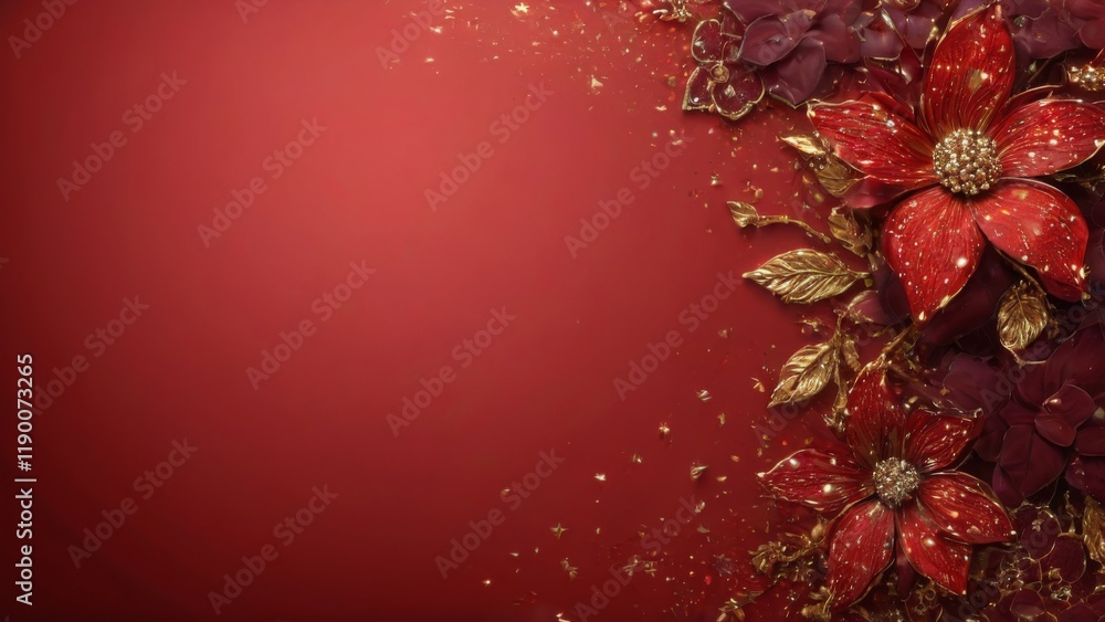 Elegant Digital Art with Red Background, Gold Glitter, and Symmetrical Red Flowers with Gold Accents Elegant Digital Art with Red Background, Gold Glitter, and Symmetrical Red Flowers with Gold Accents