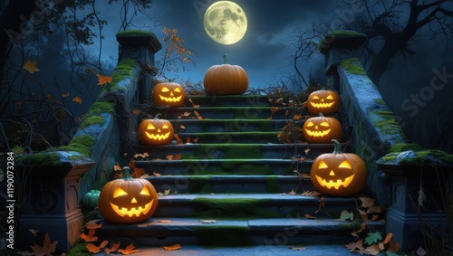 A spooky yet inviting scene of worn, moss-covered stone steps adorned with a row of five to seven Jack-o'-lanterns in various sizes, their faces aglow with warm, golden light, nestled among autumn lea photo