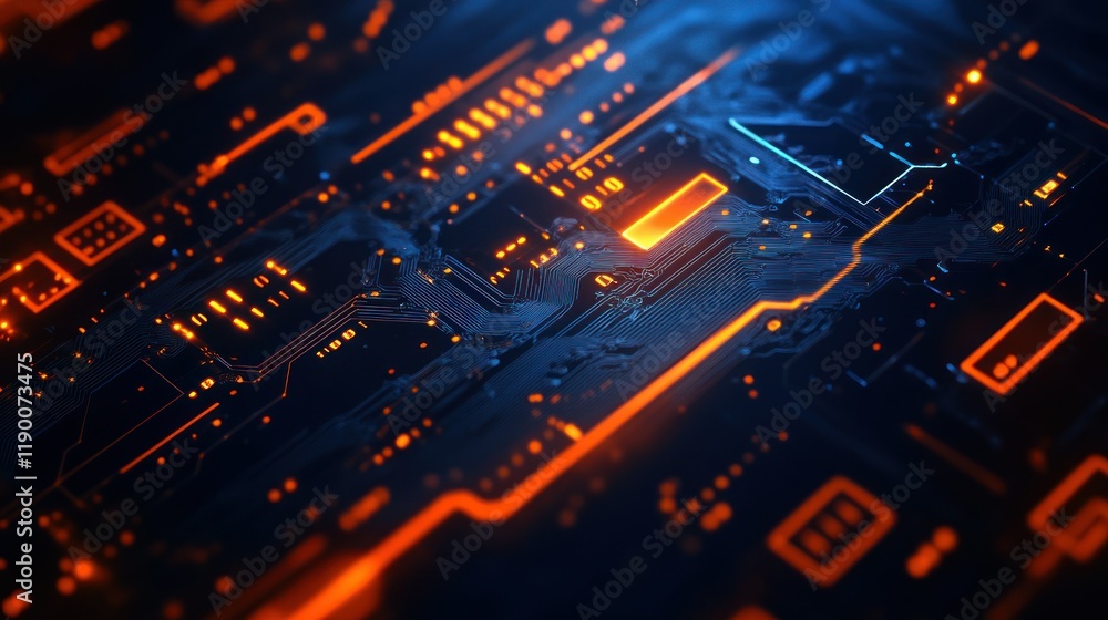 Close-up of a circuit board with glowing orange and blue elements, showcasing technology design. Close-up of a circuit board with glowing orange and blue elements, showcasing technology design.