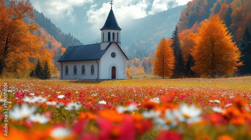 colorful autumn landscape with church and field of flowers