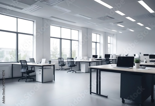 Modern minimalist office workspace with large windows