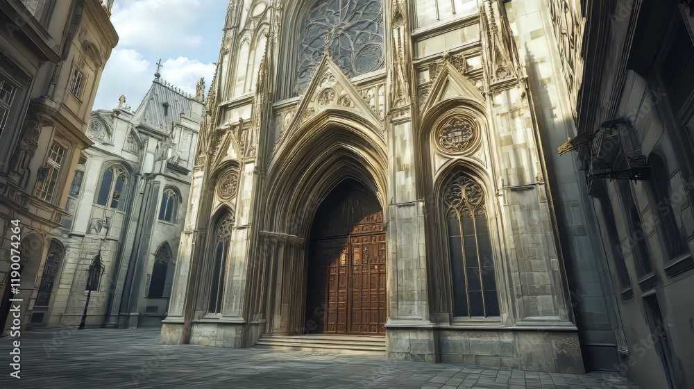 Fototapeta premium Ancient cathedral entrance and street