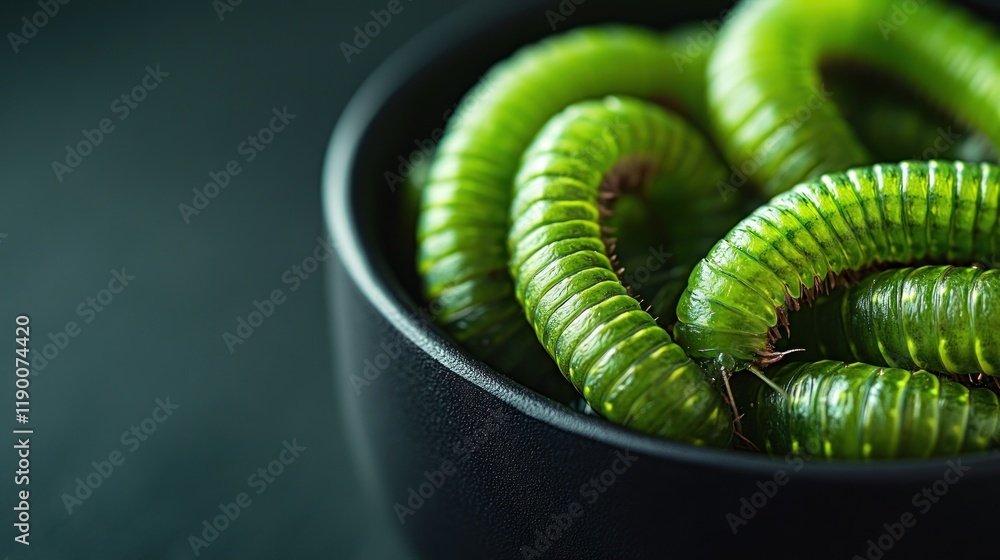 Close-up of bright green caterpillars in a dark bowl. Close-up of bright green caterpillars in a dark bowl.