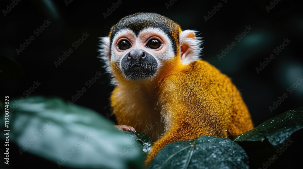 Fototapeta premium Close-up portrait of a golden-furred squirrel monkey in lush foliage.