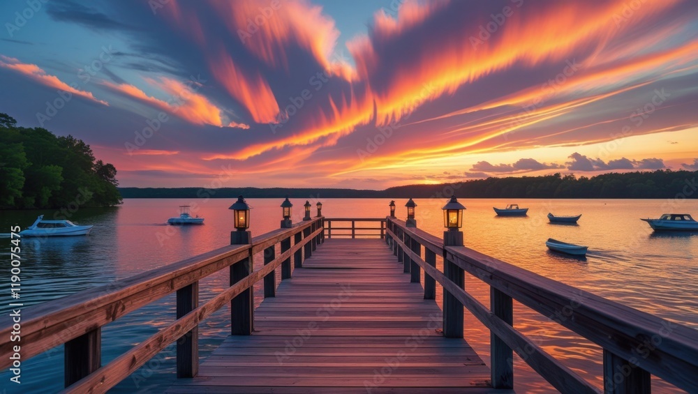 Obraz premium a serene lakeside pier stretches out into the calm water as the sky behind it erupts in a kaleidoscope of warm colors, with hues of burnt orange, pink, and purple bleeding into one another as the sun 