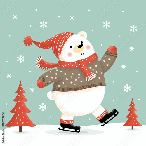 Polar bear on the background of Christmas trees. illustration, postcard