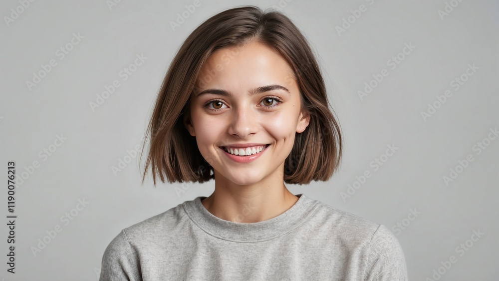 Close-up portrait of a young woman with a short hairstyle smiling warmly in a gray shirt against a light background Close-up portrait of a young woman with a short hairstyle smiling warmly in a gray shirt against a light background