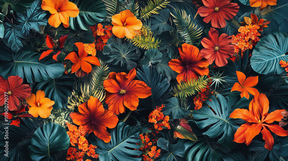 The image is a vibrant, colorful photo of a variety of tropical flowers and leaves, predominantly featuring shades of orange and green