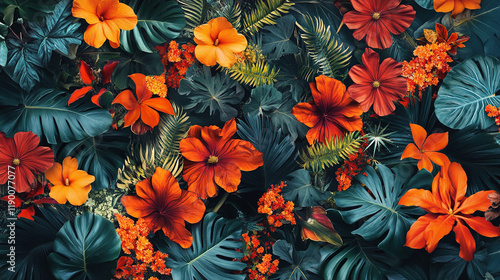 Obraz na płótnie The image is a vibrant, colorful photo of a variety of tropical flowers and leaves, predominantly featuring shades of orange and green w salonie