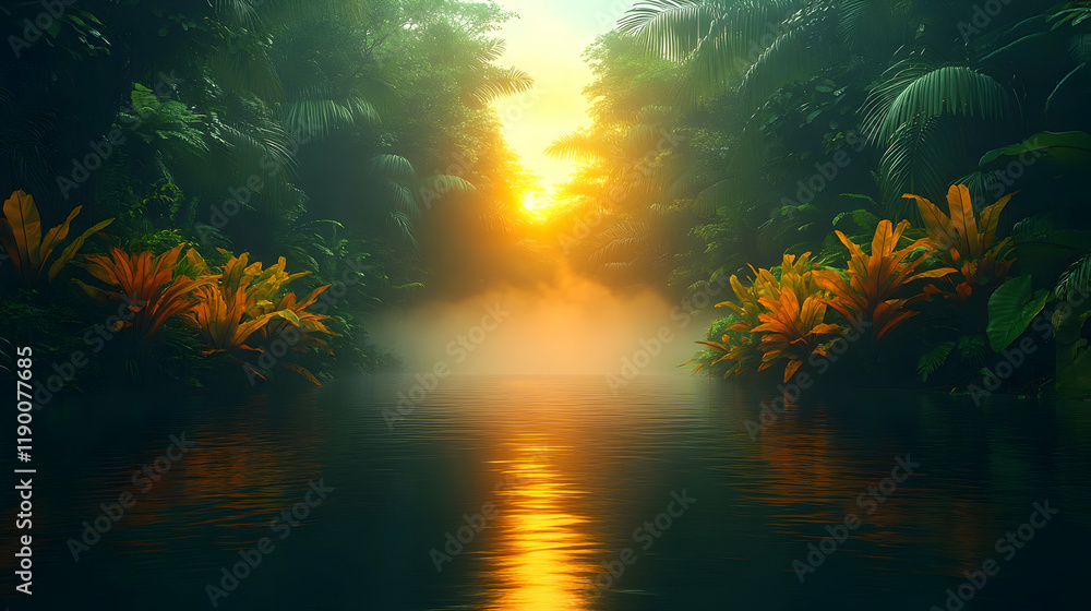 Fototapeta premium Magical Jungle River at Sunset with Misty Atmosphere