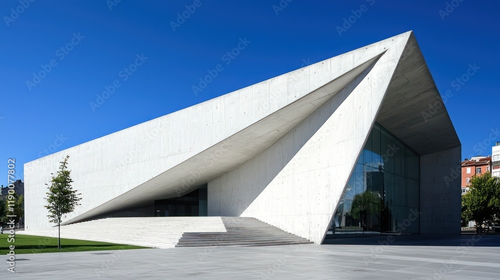 A sleek, white concrete building with sharp, clean lines against a clear blue sky. A sleek, white concrete building with sharp, clean lines against a clear blue sky.