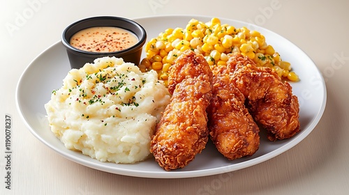 Crispy Chicken Tender Meal with Mashed Potatoes and Corn