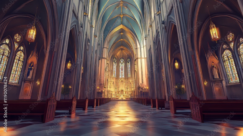 Fototapeta premium Grand cathedral interior, sunlight beams