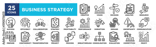 Business Strategy icon collection set. Containing design Creative Planning, Vision, Decision, Analysis, Resource