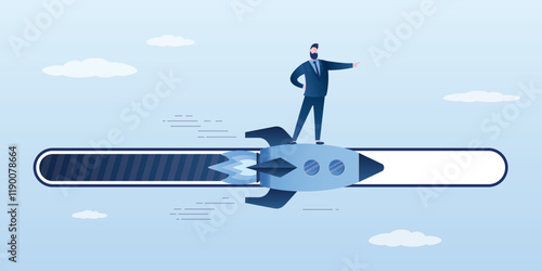 Work process, business progress, loading speed. Effort to finish work or achieve business success, accomplishment. Businessman rides rocket on loading bar. Workflow,