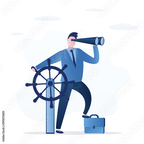 Businessman captain control rudder helm. Leadership to lead company direction, vision to see opportunities and goals. Skill to overcome challenge