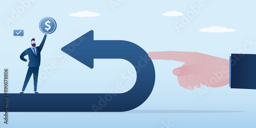 Businessman hand pushes back arrow symbol. Market direction change concept. Business survival, investor push financial graph arrow from economic collapse to success.