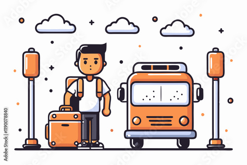 Patient Young Man with Travel Luggage Awaiting Public Transport