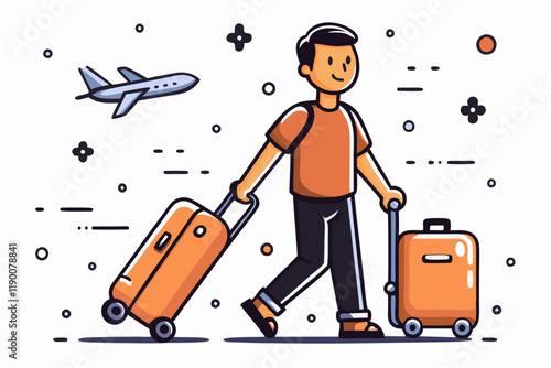 Cheerful Asian Traveler with Luggage Walking Past Airplane Against Simple Background