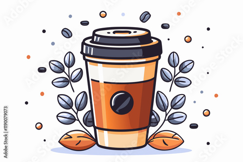 Stylized Coffee Cup Illustration with Autumnal Elements and Bean Logo