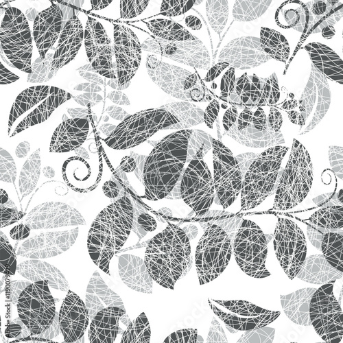 Vector illustration of grunge gray two-color leaves seamless pattern. Floral organic background. For textiles, wallpaper and packaging. Transparent background