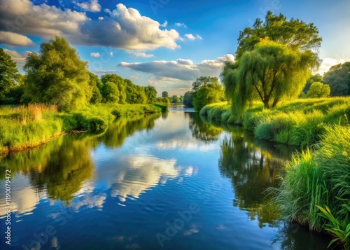 Fototapeta Naklejka Na Ścianę i Meble -  Essex's Chelmer River: calm waters reflecting the peaceful British countryside landscape.