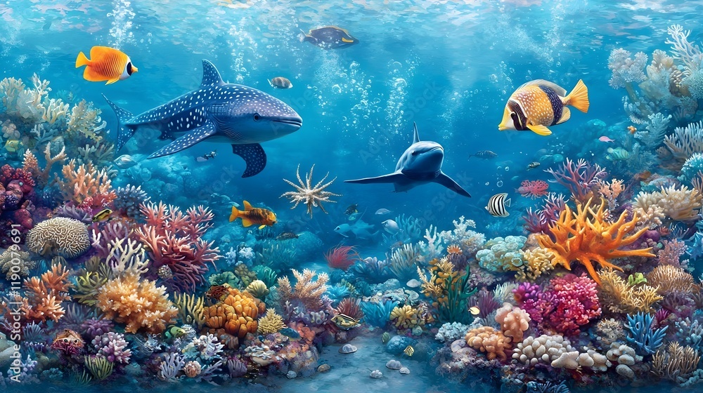 Obraz premium Vibrant Coral Reef Scene Sharks Fish Ocean Life