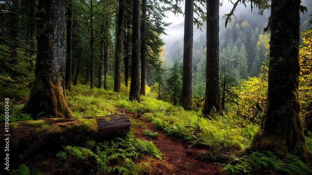 Obraz premium Misty Forest Trail Lush Green Ferns Mossy Trees Autumn Colors Pacific Northwest Nature