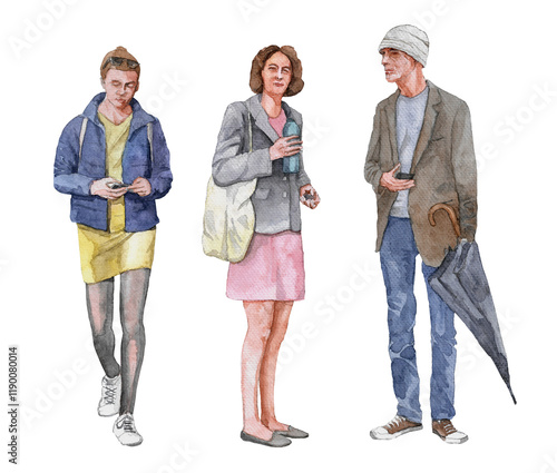Urban Street Style Trio, hand-painted watercolor illustration on white or transparent background, suitable for architectural presentation.	