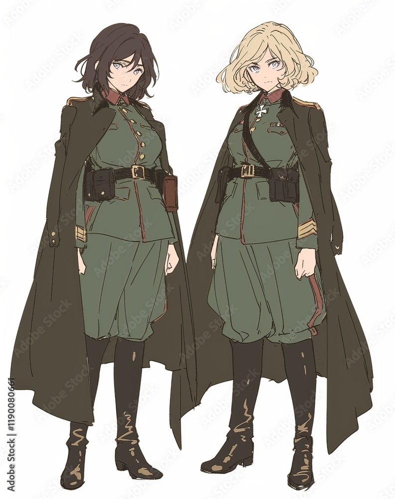Two people in uniform, one adult female with dark brown hair in a green military coat over a white shirt and black pants, the other with short blonde hair wearing the same uniform and long boots Two people in uniform, one adult female with dark brown hair in a green military coat over a white shirt and black pants, the other with short blonde hair wearing the same uniform and long boots