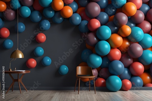 3d image. A wall with balls. 3d photo wallpaper, digital illustration. Generative AIAbstract colorful hipster pattern wallpaper with combination of multiple colors geometric background illustration. G photo